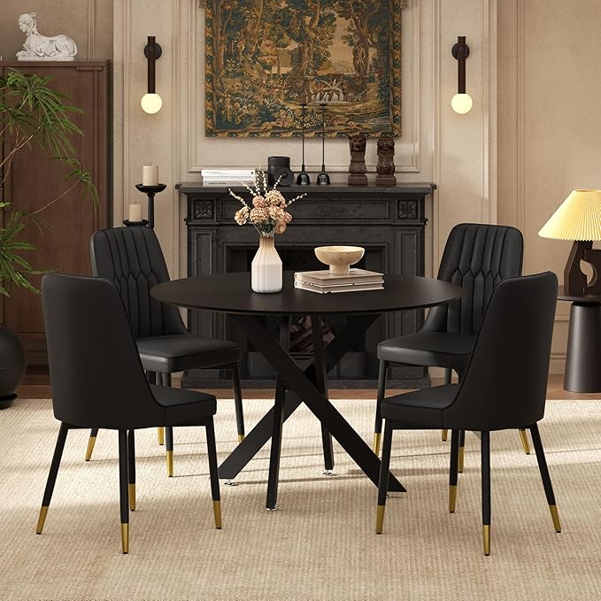 RGZ Mid Century Black Round Dining Table Set for 4, 36" Small Wooden Circle Kitchen Table & 4 Black PU Leather Kitchen Chairs, Dinner Table Set for Home, Apartment, Dining Room