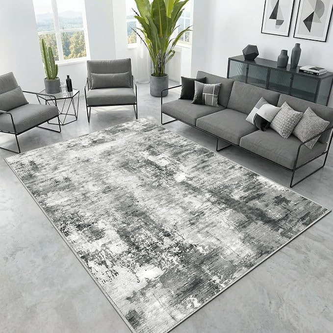 Merelax Washable Area Rugs 5'x8' Grey Abstract Rug for Living Room Bedroom Entryway Nursery, Dining Room and Farmhouse Rug, Non-Slip Modern Indoor Low Pile Soft Floor Carpet, Gray Print Pattern
