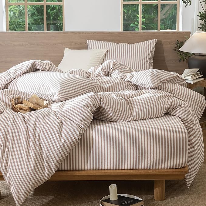MooMee Striped Duvet Cover Set 100% Washed Cotton Linen Like Textured Breathable Durable Soft Comfy (Orange Classic Stripes, Twin 68"x90")
