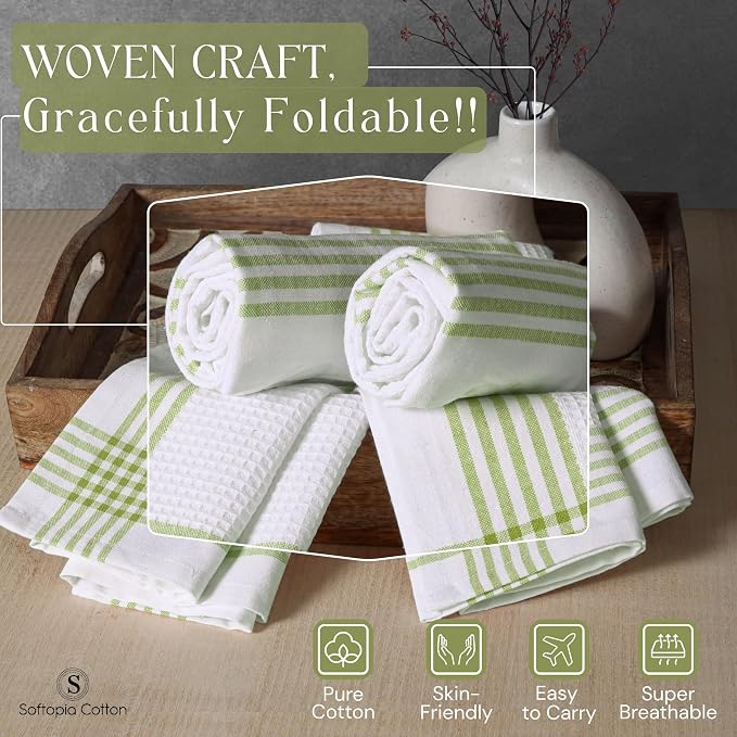 Waffle White & Lemon Green 4 Pack Kitchen Towels, 100% Cotton, 16x26 inches, Everyday Use Dish Cloths Set, Durable and Absorbent Hand Towel, Ideal for Drying Dishes, DIY Embroidery
