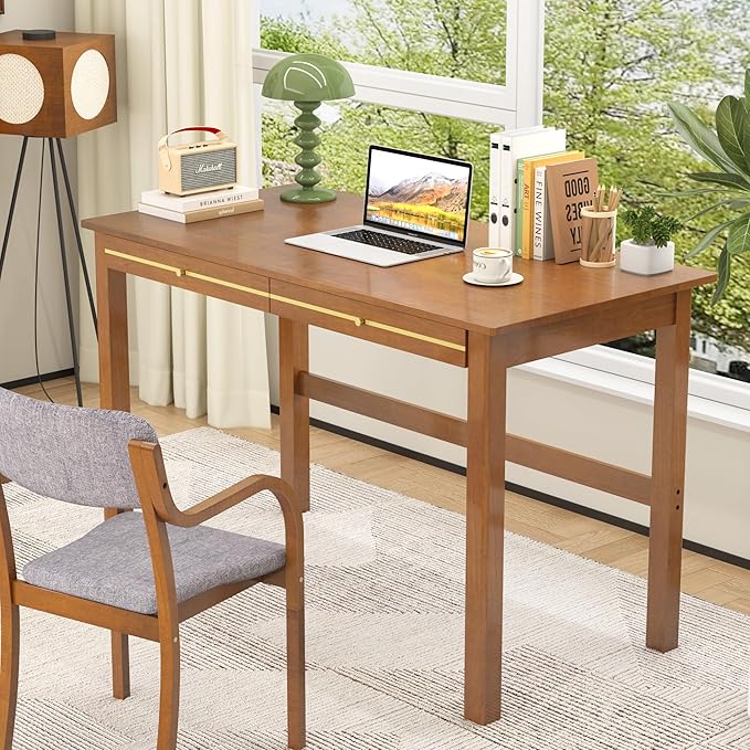 100% Solid Wood Desk with Drawers - 47.2 Inch Mid Century Modern Desks, Vintage Writing Desk with Drawers, Simple Work Study Table, Home Office Desks for Bedroom & Home, Walnut Color
