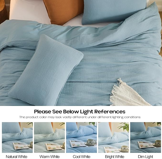 Simple&Opulence Linen Muslin Duvet Cover Set King Size, 3Pcs Blue Linen Cotton 3-Layer Gauze Minimalist Comforter Cover 104”x92”, Ultra Soft Breathable Seersucker Bedding Set with 2 Pillowcases