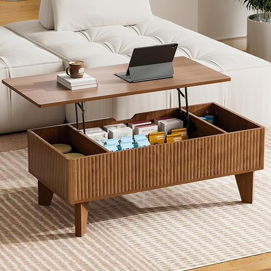 Rectangular Lift Top Coffee Table with Storage, 41.5" Mid Century Modern Center Table for Living Room, Wood Fluted Coffee Table for Home Office, Walnut
