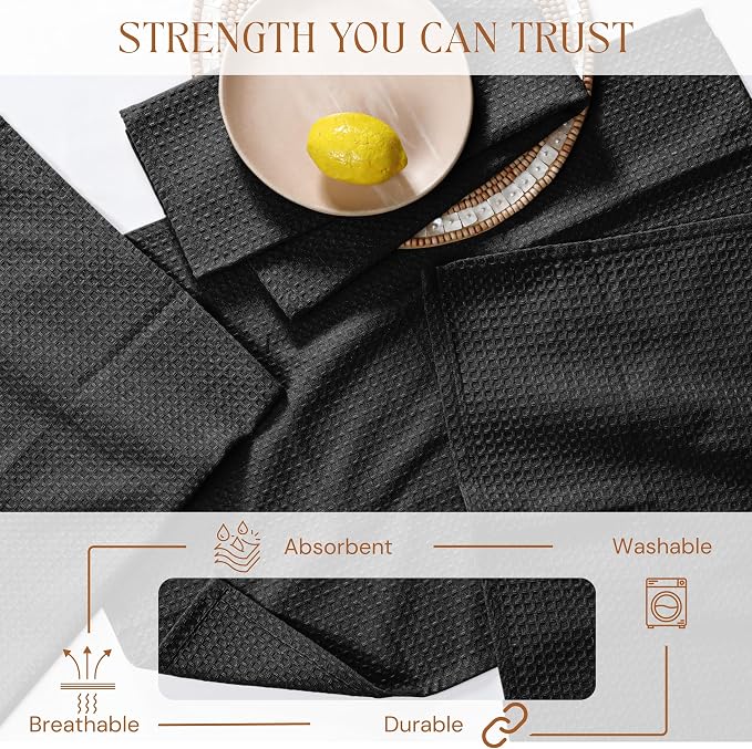 Black Waffle Kitchen Dish Towels, 100% Cotton, Quick Dry, Super Absorbent, Soft, 16x26 Inches - Ideal for Dish Drying, Bar, Hand Wipe, Cleaning, and Everyday Use, 4 Pack