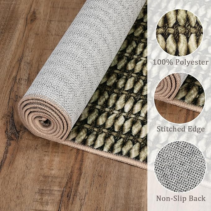Area Rug 8x10 Washable Modern Braided Large Rug for Living Room Low Pile Soft Bedroom Modern Carpet Non Slip Thin Foldable Woven Print Carpet Mat for Nursery Dining Room, Taupe