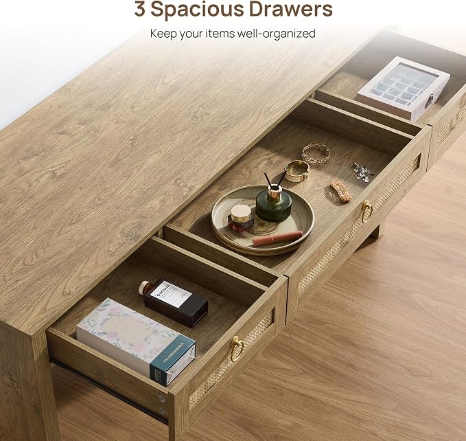 SICOTAS 60" Rattan Computer Desk Writing Table with Storage: Long Home Office Desk with 3 Drawers, Farmhouse Executive Desk Console Table Living Room, Office (Carbon Cherry, 2 Pieces)