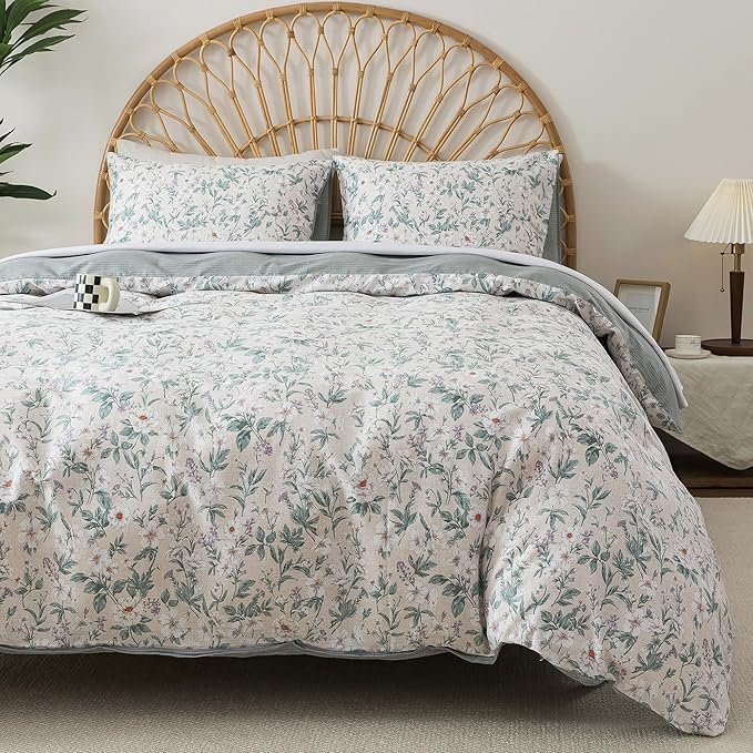 HoneiLife Floral Duvet Cover King - 100% Cotton Comforter Cover, Soft Botanical Bedlinen Set with Zipper Closure & Corner Ties,3-Piece Wildflower Comforter Cover Sets, Greenery