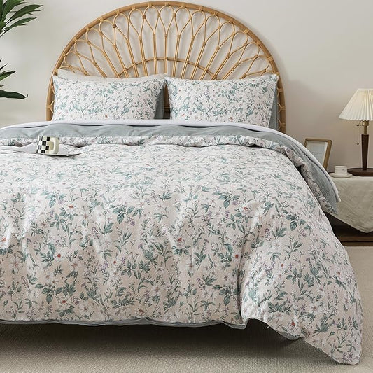 HoneiLife Floral Duvet Cover King - 100% Cotton Comforter Cover, Soft Botanical Bedlinen Set with Zipper Closure & Corner Ties,3-Piece Wildflower Comforter Cover Sets, Greenery