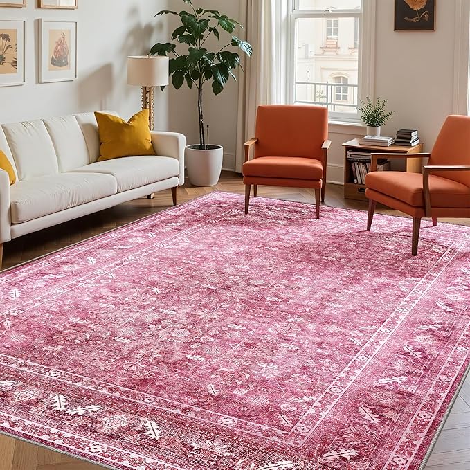 OPPODREAM Vintage Hot Pink Area Rugs 5x7, 5 x 7 Retro Washable Rug Non Slip, Low-Pile Faux Wool Carpet, Distressed Floor Mat for Living Room, Bedroom, Kitchen, Office, Dorm, Dinning Room