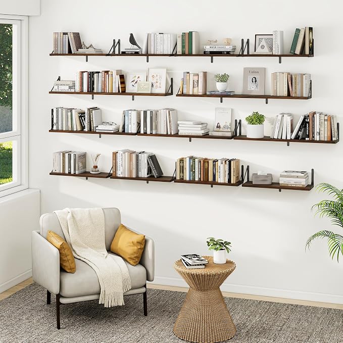 Heimlove Floating Book Shelves for Wall,47.2 Inches Long Wall Mounted Bookshelves,Heavy Duty Bracket Shelves for Living Room Kitchen,Laundry Room Storage & Decor,Set of 3,Walnut