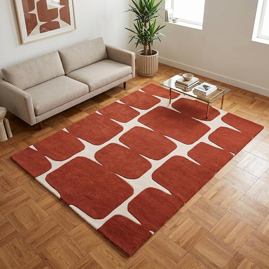 Restoration and Renovation Modern Wool Area Rug - Contemporary Abstract Geometric Design, Thick & Soft Hand-Tufted Carpet - Ideal for Indoor Decor in Living Room, Bedroom (Rust, 5' x 8')