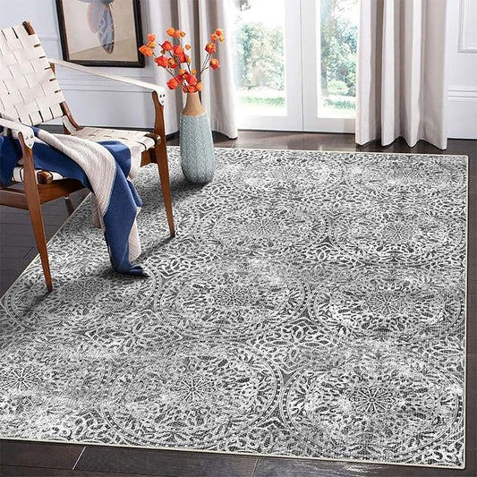 vivorug 8x10 Area Rugs for Living Room, Non-Slip Backing Washable Grey Rug 8x10, Large Area Rug Soft Carpet for Bedroom Dining Room, Vintage, Easy Clean, Durable, Low Pile Rug Under Table