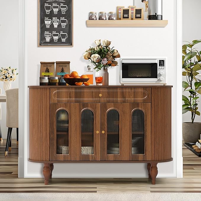 XUZENEST 47'' Fluted Sideboard Buffer Cabinet with Drawer, Modern Credenza Storage Cabinet, Bar Cabinet Console Table with Tambour Sliding Side for Living Dining Room Kitchen Hallway Entryway, Walnut
