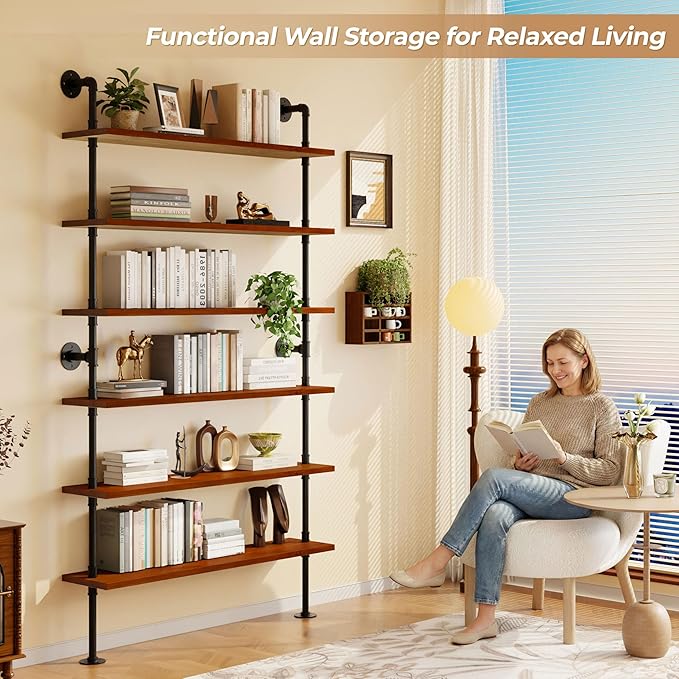 6 Tier Industrial Ladder Shelf Bookcase, Wall Mounted Rustic Bookshelf for Living Room Decor and Storage (Walnut Color, 6 Tier - 10" D x 48" W x 82.5" H)