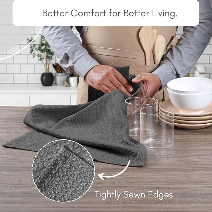 TWINY threads Kitchen Towels Set of 12, 100% Soft Cotton Waffle Weave Dish Towels, Tea Towels with Hanging Loop, Resuable Bar Towels for Table Cleaning, Dinning, Parties- 16"X 26" - Grey