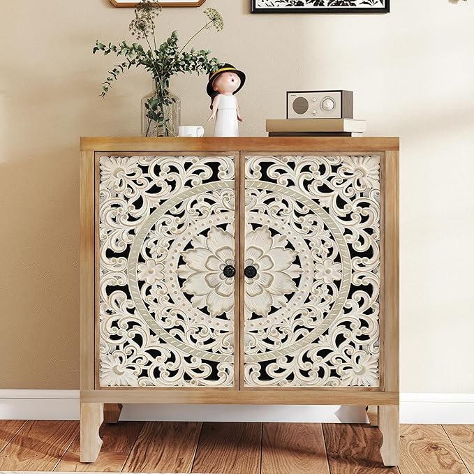 Buffet Cabinet with Storage, Accent Cabinet with 2 Carved Doors, Solid Wood Sideboard with Adjustable Shelf, Vintage Cabinets for Kitchen, Living Room, Entryway, White