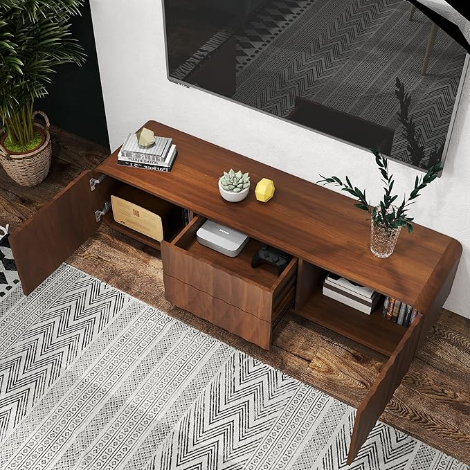 LKTART 58'' TV Stand with Storage & 2 Drawers, Modern TV Console with Water Ripple Door Panels Mid-Century Credenza Sideboard Buffet Cabinet for Kitchen & Living Room (Walnut)