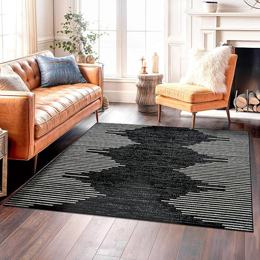 Rugshop Bohemian Stripe Stain Resistant High Traffic Living Room Kitchen Bedroom Dining Home Office Square Area Rug 6'6" x 6'6" Black
