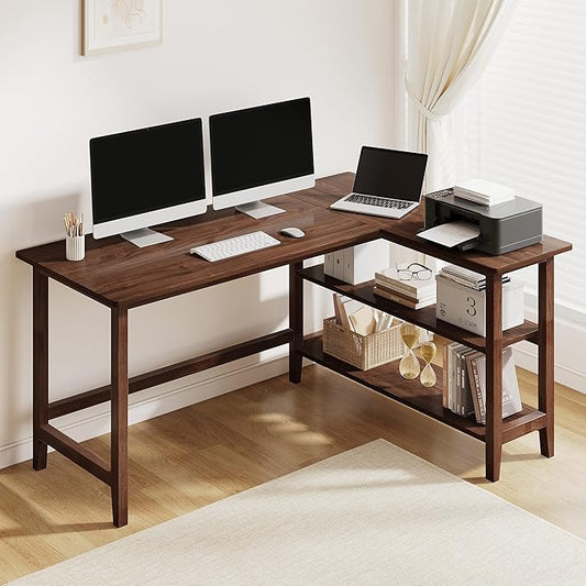 IOTXY Reversible L-Shaped Office Desk - 53" Modern Corner Computer Table with Storage Shelves, Solid Wood Legs, Home Writing & Study Workstation, Walnut