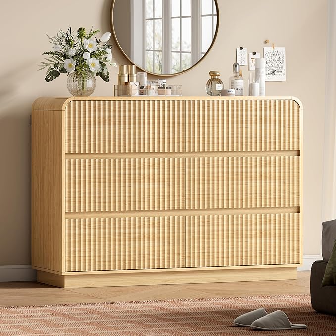 Oak Dresser Fluted 6 Drawers Dresser for Bedroom, 47" Wide Wood Chest of Drawers with Hidden Handles & Rounded Corners, Modern TV Stand Storage Cabinet for Living Room, Hallway, Entryway