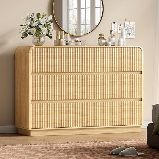 Oak Dresser Fluted 6 Drawers Dresser for Bedroom, 47" Wide Wood Chest of Drawers with Hidden Handles & Rounded Corners, Modern TV Stand Storage Cabinet for Living Room, Hallway, Entryway