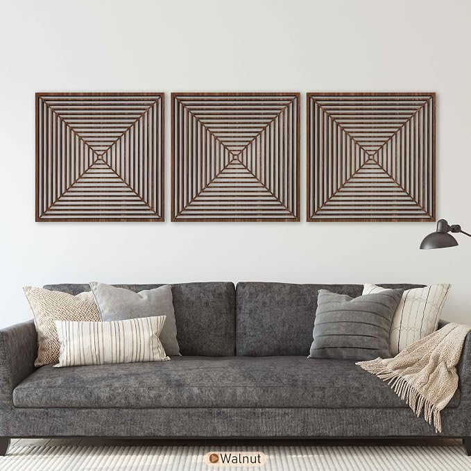 Square Wood Wall Art Triptych, Mid Century Modern Minimalist Wooden Decor, Large Optical Geometric Art Deco Panels, Abstract Home Gift for Living Room and Bedroom