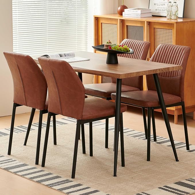 Dining Table Set for 4, Modern Wood Irregular Rectangle Dining Table,Leather Dining Chairs 4,Table and Chairs Set of 4 for Kitchen Dining Room, Brown