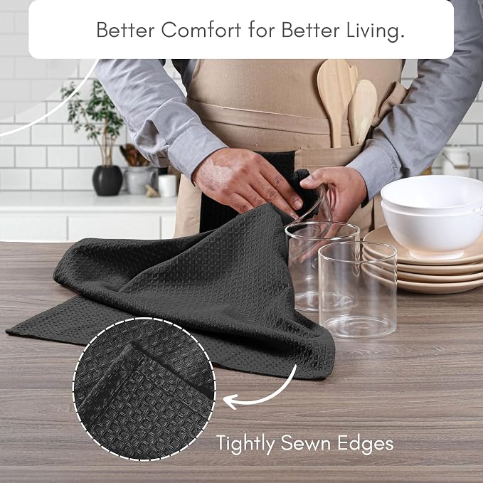 TWINY threads Dish Towel Waffle Weave, Set of 6, 16x26 Inch, Premium Large 100% Cotton Kitchen Linen Pack, Absorbent Cloths for Drying Dishes, Cookware, Quick Drying, Machine Washable, Black