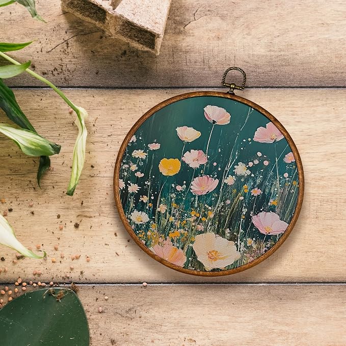 KSDUT Retro Aesthetic Floral Green Wall Art Decor - Botanical Neutral Mid Century Modern Wall Art Canvas Frame Hanging Prints, Vintage Landscape Round Wall Art Decor for Home Decorations 10"x10"