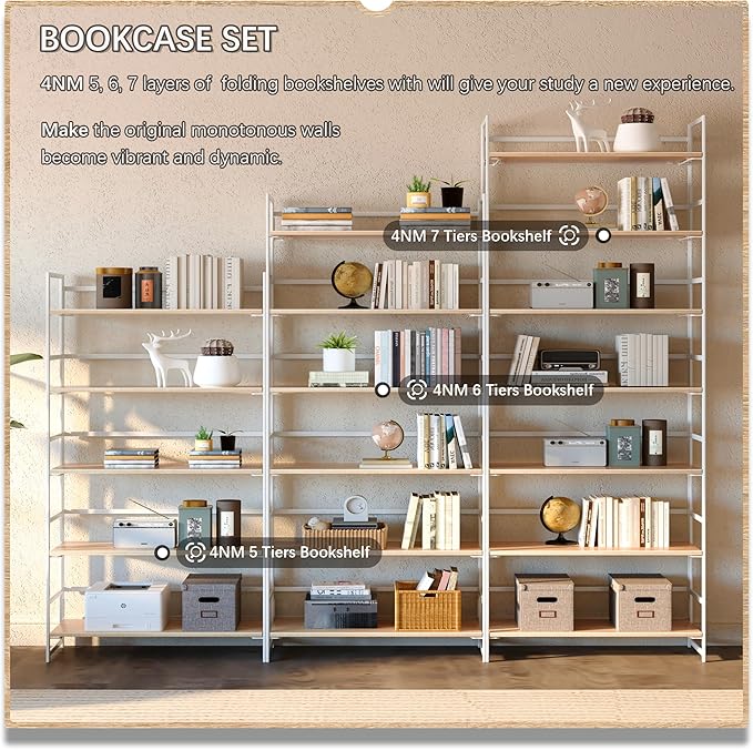 4NM No Assembly 6 Tiers Collapsible Book Shelves, 61.8" H Folding Bookshelf Bookcase Open Industrial Foldable Shelves for Bedroom, Living Room, Home Office - Natural White