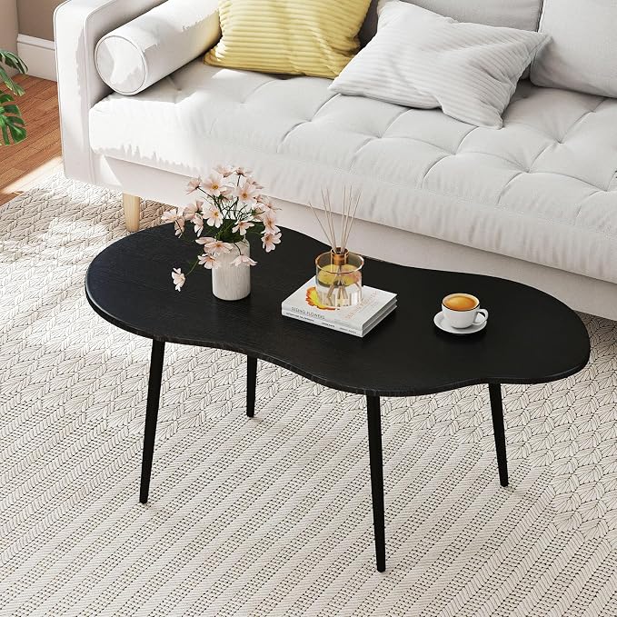 Giantex Small Coffee Table, 39.5" Cloud Center Table with Metal Frame, Unique Irregular Accent Cocktail Tea Table, Modern Wood Coffee Table for Living Room, Small Spaces (Black)