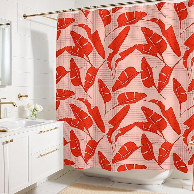 Pink Red Banana Leaf Print Shower Curtain - Tropical Palm Pattern - Modern Maximalist Home Decor - Bold Colorful Hotel Style Fabric Shower Curtain For Any Bathroom - 72x72 Inches (Red Palms)