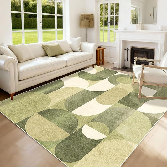 5x7 Area Rugs Green Washable Rug for Living Room Bedroom,Large Modern Geometric Non Slip Carpet for Dining Room Farmhouse Office