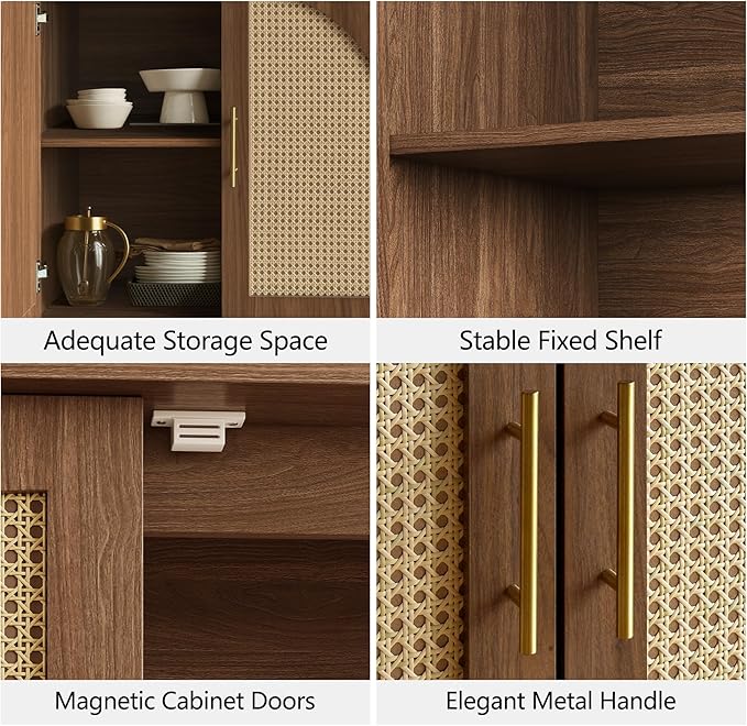 FORTUNETEC Sideboard Buffet Cabinet with Storage, 31.5" Modern Accent Cabinet with Rattan Arched Doors, Modular Media Console, Boho Credenza for Living Room Kitchen Dining Room Entryway, Walnut