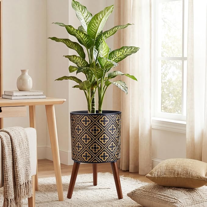 10 Inch Plant Pot with Stand, Planter for Indoor Plants, Modern Large Flower Planter Pot with Drainage Holes for Outdoor, Black ＆ Gold