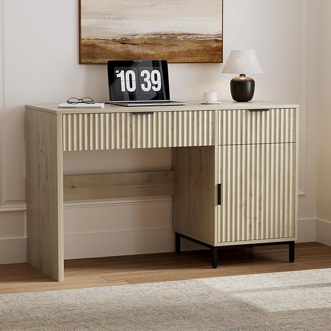 47" Home Office Desk with Fluted Drawers, Wood Exectuive Desk with Storage Cabinet, Charging Station, Metal Legs Modern Farmhouse Computer Desk for Work, Study Light Oak