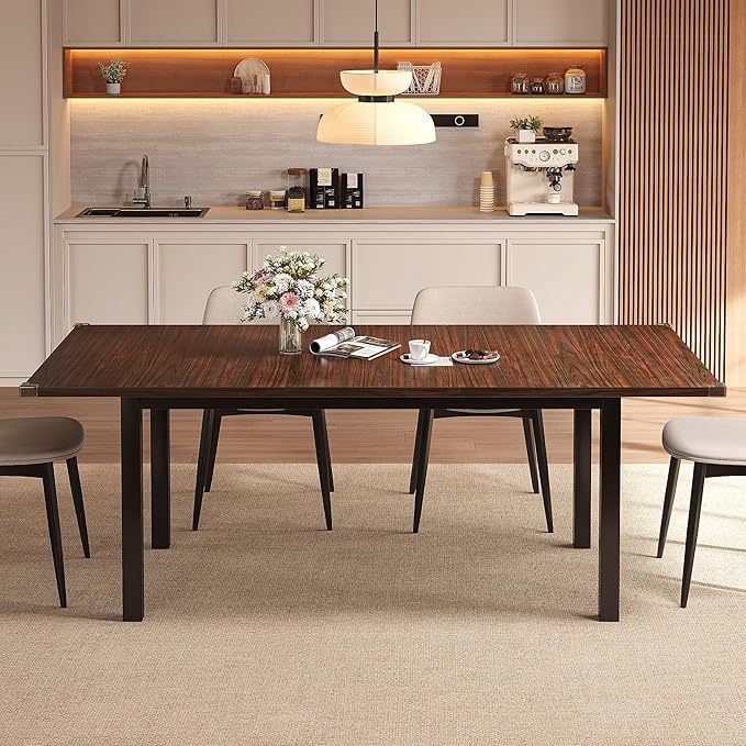 Modern Extendable Dining Table for 4-6, 63" Farmhouse Kitchen Table, Rectangular Dining Room Tables for Dining, Kitchen, Office, Living Room, Wooden Tables, Space Saving (Espresso)