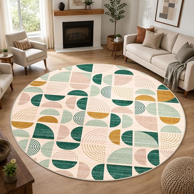 MUJOO Round Rugs 9ft,Circle Area Rug Washable,Circular Rugs for Living Room Dining Room,Large Boho Non Slip Throw Floor Carpet Modern Abstract Sage Green