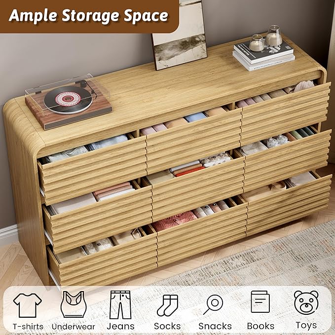 Fluted 9 Drawer Dresser for Bedroom, 59" Wide Wood Chests of Drawers with Curved Profile, Mid Century Modern Dresser with Large Storage & Hidden Handle for Living Room, Hallway, Natural Oak