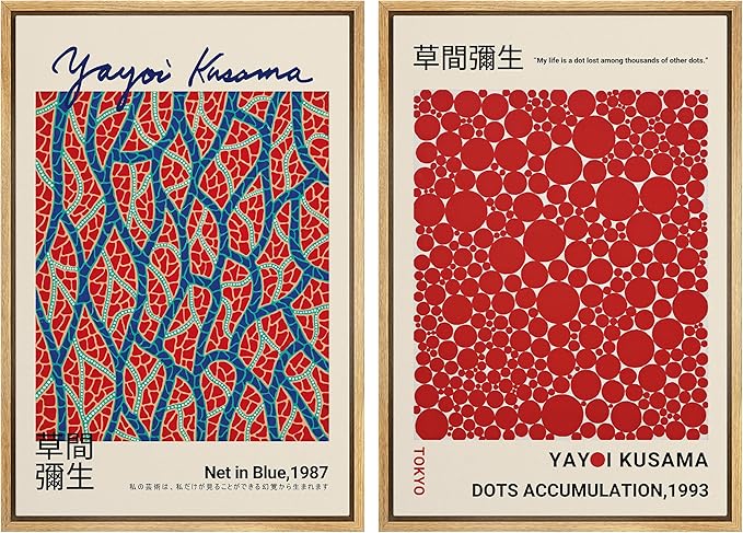 MUDECOR Framed Canvas Print Wall Art Blue Red Dots by Yayoi Kusama Japanese Nature Illustration Modern Art Decorative Multicolor Geometric Minimal for Bedroom - 16"x24"x2 Natural