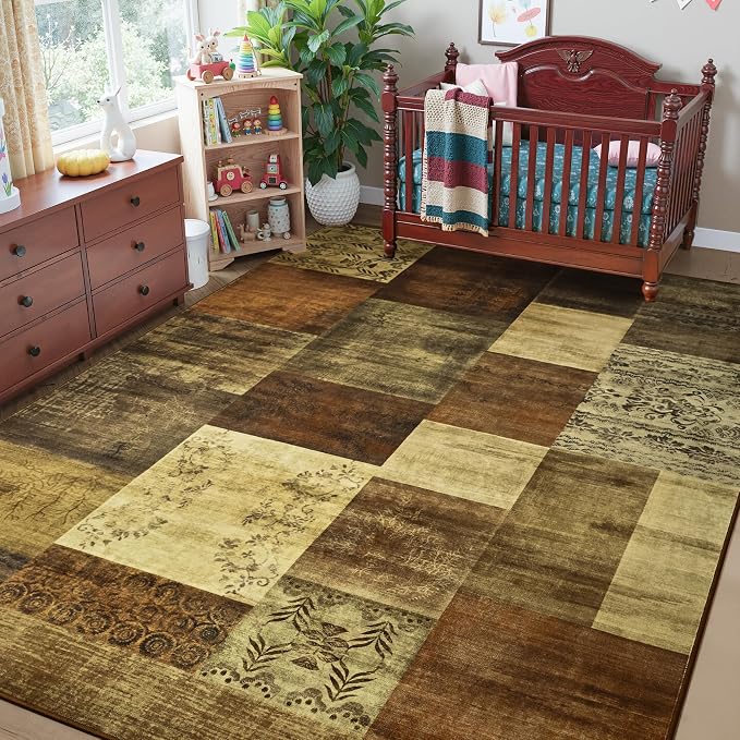 Tepook Modern Area Rug for Living Room, 4x6 Geometric Large Rugs for Bedroom, Washable Patchwork Rug Indoor Non-Slip Throw Carpets for Dining Room Office Farmhouse Home Decor, Brown