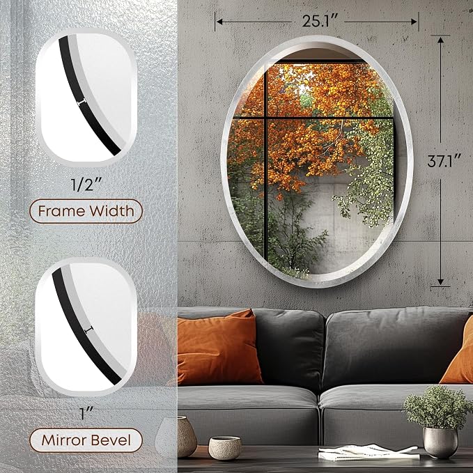 OVALCREST - Oval Wooden Beveled Wall Mirror for Home Decor, Bathroom, Vanity, Bedroom, Living Room, Hallway - London Style (Silver Leaf with Brown Antique) 31.1 x 25.1