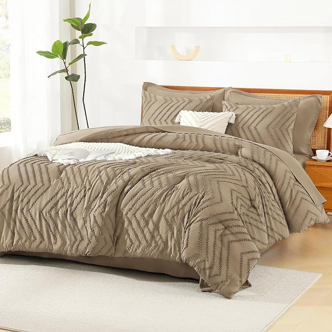 Litanika Taupe California King Size Comforter Set with Sheets - 7 Pieces Bed in a Bag California King Boho Tufted Complete Bedding Sets with Comforter, Sheets, Pillowcases & Shams