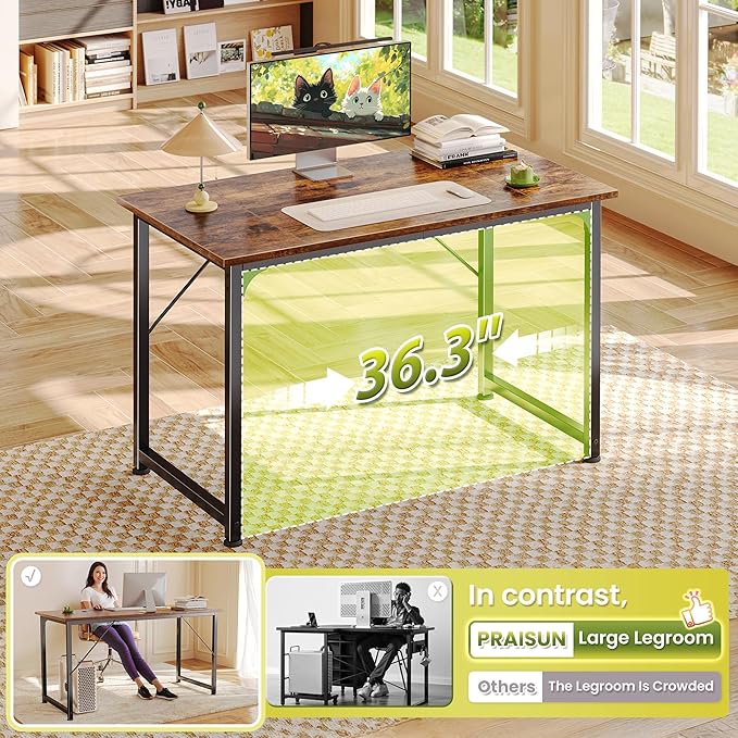 PRAISUN 39.4 Inch Computer Desk, Home Office Desk with Spacious Desktop, Modern Gaming Desk, Writing Study Table for Bedroom, Small Spaces, Work from Home Desk with Metal Frame, Rustic Brown