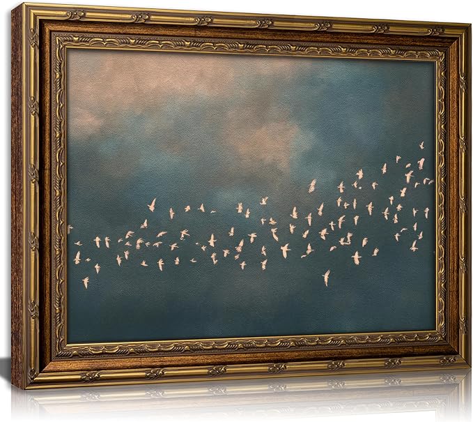 Vintage Gold Framed Flock of Birds in Flight Wall Art, Abstract Teal and Blush Sky Canvas Prints, Minimalist Nature Painting Poster Artworkfor Living Room Bedroom Office Wall Decor，16x24in