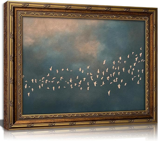Vintage Gold Framed Flock of Birds in Flight Wall Art, Abstract Teal and Blush Sky Canvas Prints, Minimalist Nature Painting Poster Artworkfor Living Room Bedroom Office Wall Decor，9x11in
