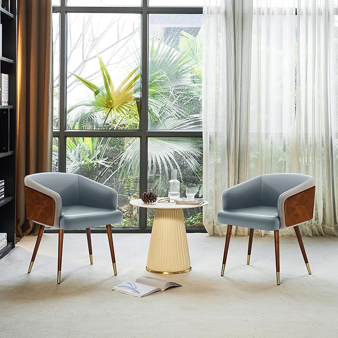 ARTPLAN Modern Upholsted Accent Dining Chairs,Mid-Century Faux Leather with Walnut for Kitchen,Office Waiting Room Arm Sitting Chair, Beech Legs Dissassembly Adjustable Feet,Steel Gray