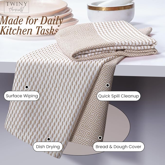 TWINY threads Kitchen Towel Diamond Weave Multi Color Set, Premium 100% Cotton Kitchen Linen, Absorbent Quick Drying Dish Rags, Washable Reusable Multi Purpose for Drying Dishes, 4 Pack, 18x26 Inches