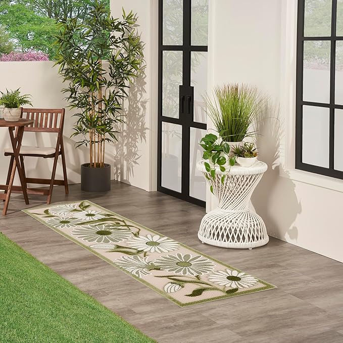 Nourison Home Aloha Ivory Green 2'3" x 8' Area Rug - Easy Clean, Non Shedding, Bed Room, Living Room, Dining Room, Kitchen (8' Runner)