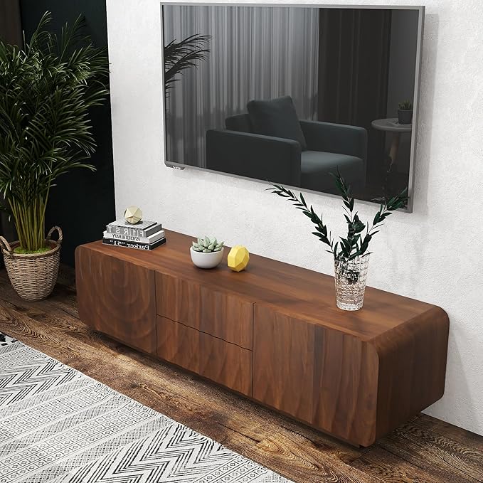 LKTART 58'' TV Stand with Storage & 2 Drawers, Modern TV Console with Water Ripple Door Panels Mid-Century Credenza Sideboard Buffet Cabinet for Kitchen & Living Room (Walnut)